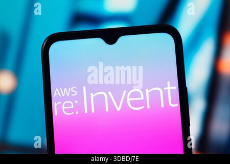 In this photo illustration, the AWS re:Invent logo is seen displayed on a smartphone screen. (Photo by Thomas Fuller / SOPA Images/Sipa USA) *** Strictly for editorial news purposes only *** Stock Photo