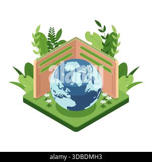 Isometric Earth Inside an Open Wallet with Plants and Flowers. Sustainable Spending and Financial Concept Stock Vector