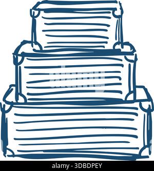 Blue hand-drawn illustration of three rectangular storage crates or boxes stacked from largest to smallest. Stock Vector