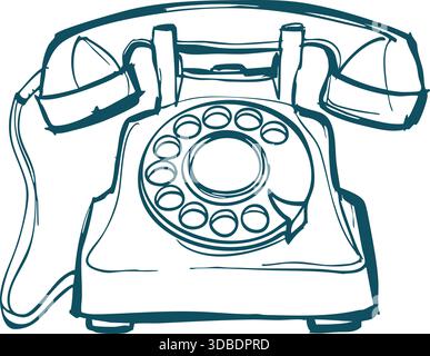 Hand-drawn blue line illustration of a classic rotary dial telephone with handset resting on top. Stock Vector