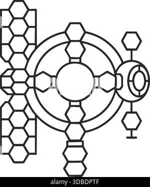 Black line abstract geometric design combining hexagonal grids, circular structures, and radial mechanical patterns on white. Stock Vector