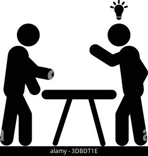 Strategy discussion icon showing business planning and analysis at a table. Represents teamwork, consulting, problem solving, and decision making. Stock Vector