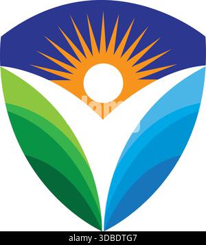 Nature Sunrise and Leaf Valley Shield Vector Logo Design Stock Vector