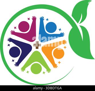 Modern leaf and Colorful Health and People Unity Icon Logo Design Stock Vector