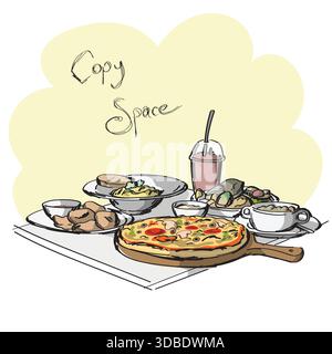 food on table with copy space illustration vector sketch with black lines Stock Vector