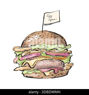 cheeseburger with small copy space sign on top illustration vector sketch with black lines Stock Vector