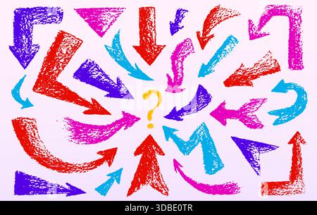 Color crayon arrows pointing at question mark in middle. Vector realistic illustration of hand drawn square, round, zigzag bolt pointers with rough texture showing problem, business task concept Stock Vector
