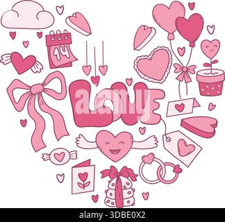 Valentines Day Heart Hand Drawn Composition. Cute Pink Love Doodles. Vector Illustration. Not AI.. Stock Vector
