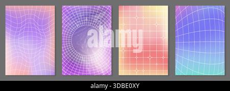 Y2k abstract gradient backgrounds with cute geometric patterns and soft color transitions. Collection with wavy grids, circular radial mesh, sparkles tiles and line flow designs in pastel hues. Stock Vector