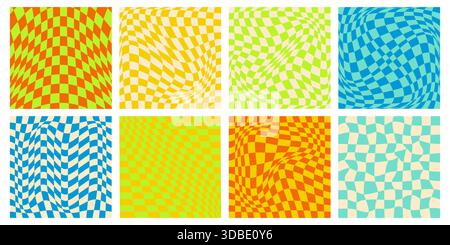 Groovy y2k checker pattern set with wavy distorted checkerboard in vibrant colors. Abstract retro backgrounds collection. Psychedelic optical illusion textures and curved geometric distortions. Stock Vector