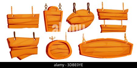 Hanging wooden board sign collection with cartoon plank frames suspended by ropes. and chains Blank signboard set - various shapes wood panels in warm brown colors for game ui or rustic designs. Stock Vector