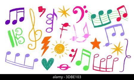 Crayon music note collection with hand drawn doodle elements in colorful brush strokes. Chalk style vector symbols - treble clefs and staves, hearts, stars and decorative musical marks on white. Stock Vector