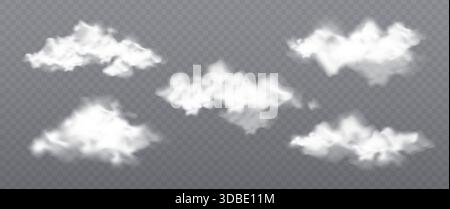 Puffy white clouds set isolated on transparent background. Vector realistic illustration of cloudy sky design elements, fluffy cloudscape, light fog texture, rainy weather forecast, dreamy skyline Stock Vector