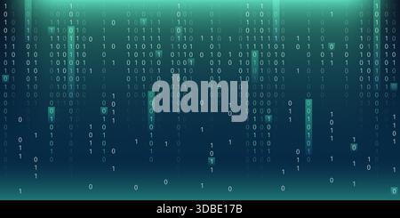 Binary code matrix on green cyber background with falling digital numbers and data streams. Technology concept displaying computer programming or information symbols in glowing turquoise gradient Stock Vector