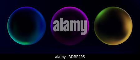 Abstract spheres set with color gradient isolated on black background. Vector realistic illustration of neon blue, purple, yellow holographic bubbles, fluid ball, aura effect, geometric design element Stock Vector