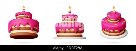 Three 3d cartoon birthday cake with pink cream Stock Vector