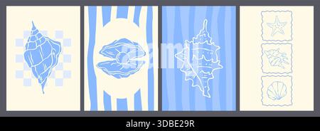 Seashell and marine posters in vintage doodle style. Ocean beach hand drawn elements with blue patterns, coastal frames and linear shells. Retro nautical postcard design with scallops and starfish Stock Vector