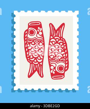 Red stylized carp fish pair illustration on postage stamp with blue background Stock Vector