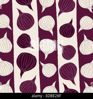 Seamless pattern with purple and white onions on maroon vertical stripes Stock Vector