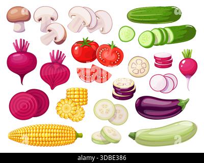 Cartoon vegetables slices. Vegetarian food ingredients, fresh farm products, half and cut mushrooms, beetroot, whole cucumber organic harvest, corn Stock Vector
