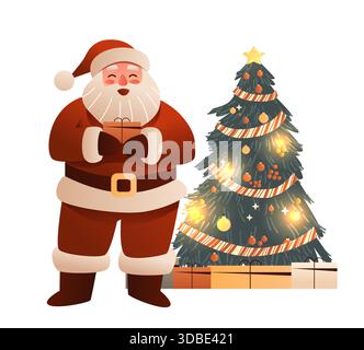 Santa Christmas celebration festive tree lights gifts decorated pine garlands ornaments presents glowing background holiday scene Stock Vector
