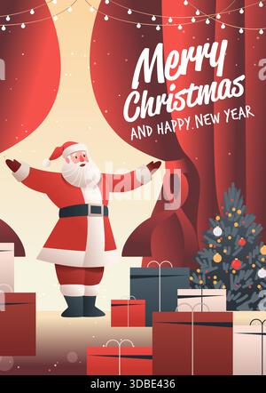 Santa Christmas celebration festive gifts tree stage red curtains holiday lights snow presents winter scene modern design Stock Vector