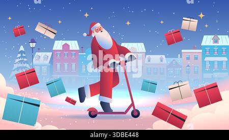 Santa Christmas New Year 2026 celebration Santa riding scooter surrounded by flying gifts snowy town festive winter night houses stars clouds Stock Vector