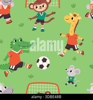 Cartoon animals playing soccer seamless pattern. Repeated funny football players, cute fauna characters kick ball. Decor textile, wrapping paper Stock Vector