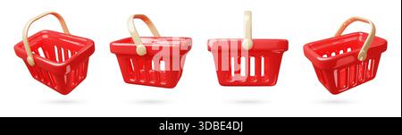 Cartoon 3d shopping cart. Red supermarket plastic baskets with handles, grocery delivery, empty buckets in different angles, box container for shop, r Stock Vector