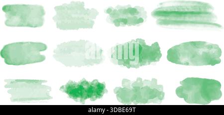Spring green watercolor stains. Abstract brushstrokes of fresh, natural grass. Translucent paint splashes for spring and summer mood and atmosphere Stock Vector