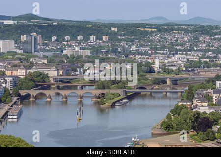 Bridges over the Mosel in Koblenz, seen from the east bank of the Rhine Stock Photo
