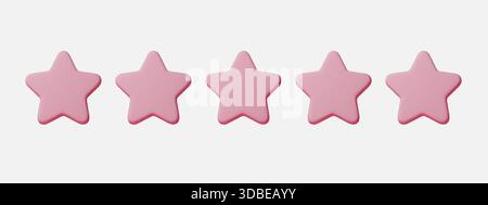 3D pink star icon set isolated on white background for rating and review concepts. Pink star symbols show five star rating, quality and feedback for Stock Vector