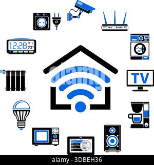 Smart Home and Internet of Things Concept. Smart House controls devices like microwave, loudspeaker, tv and security camera. Flat style two color icon Stock Vector
