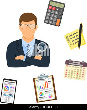 Auditing, Tax, Accounting. Auditor Holds Magnifying Glass in Hand and Checks Financial Report with Charts, Calculator and Smartphone. Flat Icons landi Stock Vector