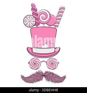 Illustration featuring top hat, lollipop glasses and pink feather mustache. Isolated vector objects on white background. Stock Vector