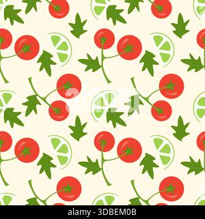 Vegetarian pattern with red tomatoes on branch and lime slices on soft beige background. Vector illustration Stock Vector