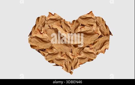 Heart made of paper scraps, isolated. Sustainable Valentine's Day concept, sustainability love. Modern abstract image. Crumpled used paper, sepia tone Stock Photo