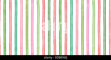 Christmas green, red and pink vertical jagged stripes vector seamless pattern, thin double grunge lines background Stock Vector