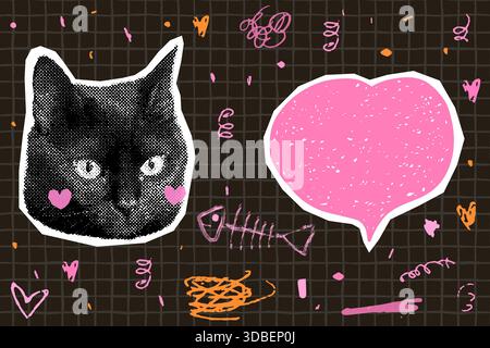 Cute black cat face vector halftone collage with heart shaped speech bubble, doodle fish bone, Half tone fun kitty head on dark paper background Stock Vector