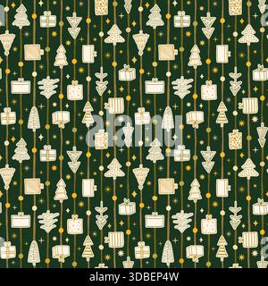 Elegant Christmas vector seamless pattern with gift boxes, trees, dots and stripes, cute holiday background with stars and sparkles for banners and pa Stock Vector