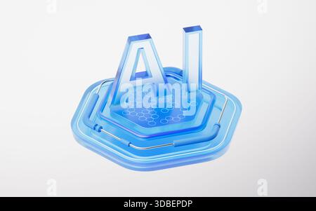 Hexagonal glass stage with AI concept, 3d rendering. 3D illustration. Stock Photo