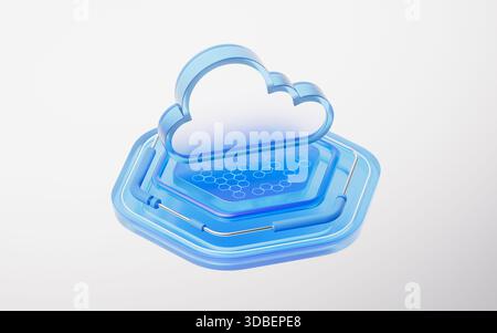Hexagonal glass stage with cloud computing concept, 3d rendering. 3D illustration. Stock Photo