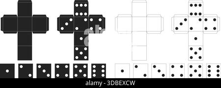 White and black template for making dice out of paper or cardboard. Board game. Cut and fold DIY. Gamble bet. Origami assemblage. Fortune play. Craps Stock Vector