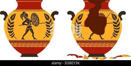 Intact and broken ancient ceramic vase with fragments of broken shards. Athens pitcher. Earthenware with Roman painting. Greek clay amphora fissures. Stock Vector