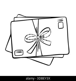 Hand-drawn illustration of several paper envelopes tied with ribbon. Sending a parcel with a postcard. Outline doodle illustration of a stack of lette Stock Vector