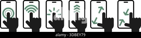 Icon hand with different movements of index finger on smartphone touchscreen. Scrolling or swiping gesture. Forefinger tapping. Phone display zooming. Stock Vector