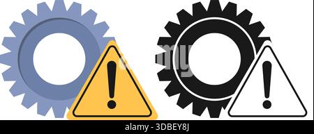 Icon with gear and triangular yellow sign. Exclamation mark. Equipment failure or malfunction. Black silhouette cogwheel. Repair attention badge. Fixi Stock Vector