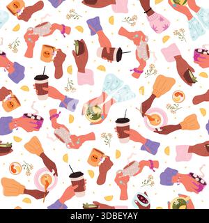 Hands holding cups with hot drinks seamless pattern. Glasses for coffee. Tea with lemon and honey. Repeated print. Herbal beverage. Cappuccino ceramic Stock Vector