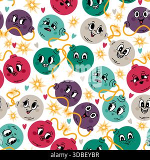 Funny cartoon bombs with burning fuse. Cartoon dynamite characters seamless pattern. Round grenade detonation. Repeat print. Face emotion expression. Stock Vector