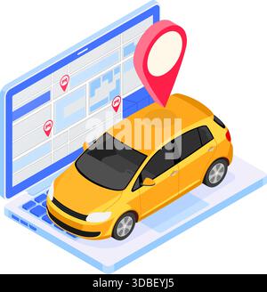 Car sharing service concept. Online choose car for carsharing. Auto rental, carpool, shared for city trips through mobile application. Isometric isola Stock Vector
